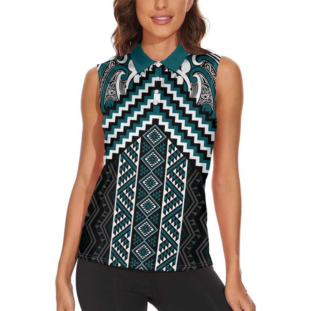 Maori Tukutuku Taniko Motifs Women Sleeveless Polo Shirt Teal Poutama Mix Kowhaiwhai LT7 - Polynesian Pride
