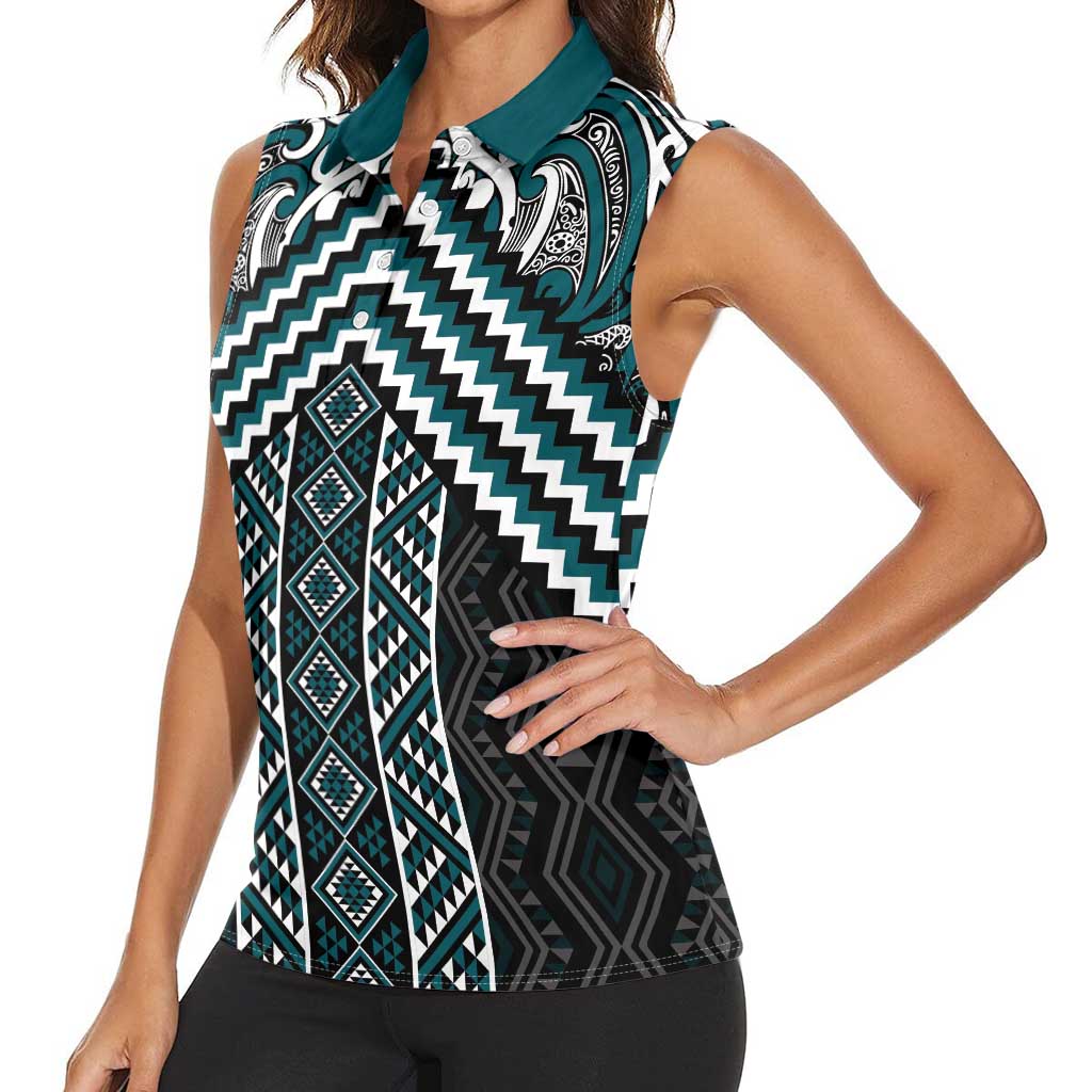 Maori Tukutuku Taniko Motifs Women Sleeveless Polo Shirt Teal Poutama Mix Kowhaiwhai LT7 - Polynesian Pride