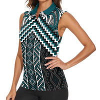 Maori Tukutuku Taniko Motifs Women Sleeveless Polo Shirt Teal Poutama Mix Kowhaiwhai LT7 - Polynesian Pride