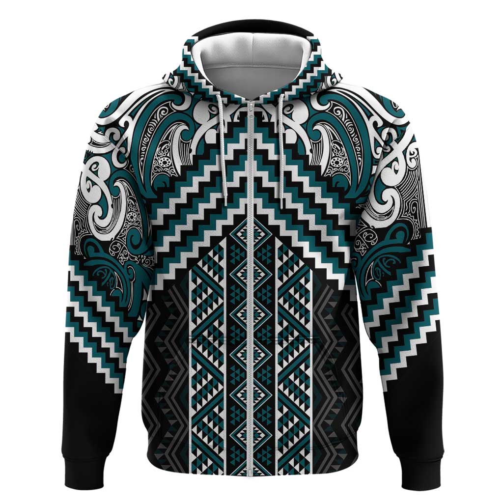 Maori Tukutuku Taniko Motifs Zip Hoodie Teal Poutama Mix Kowhaiwhai LT7 Zip Hoodie Teal - Polynesian Pride