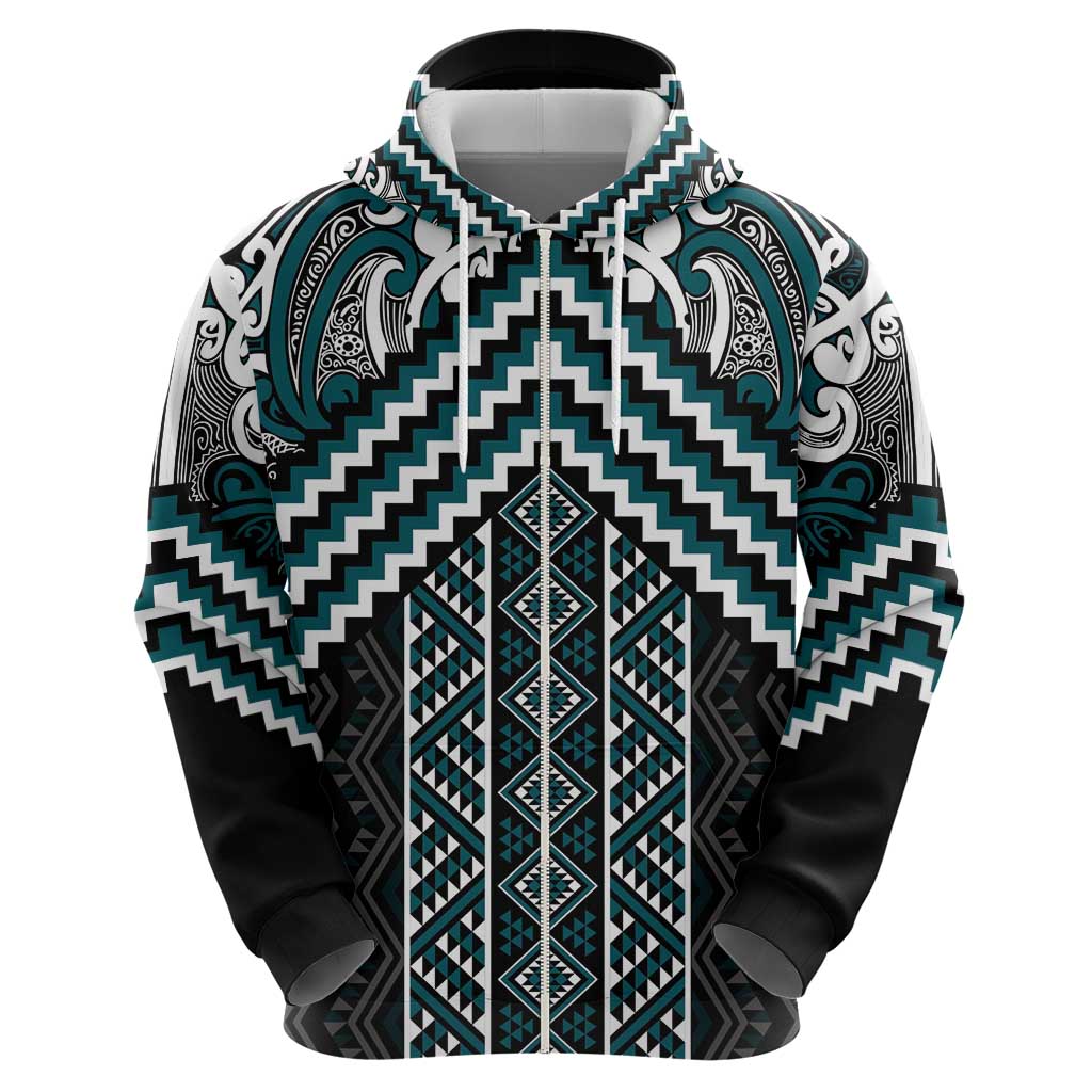 Maori Tukutuku Taniko Motifs Zip Hoodie Teal Poutama Mix Kowhaiwhai LT7 - Polynesian Pride