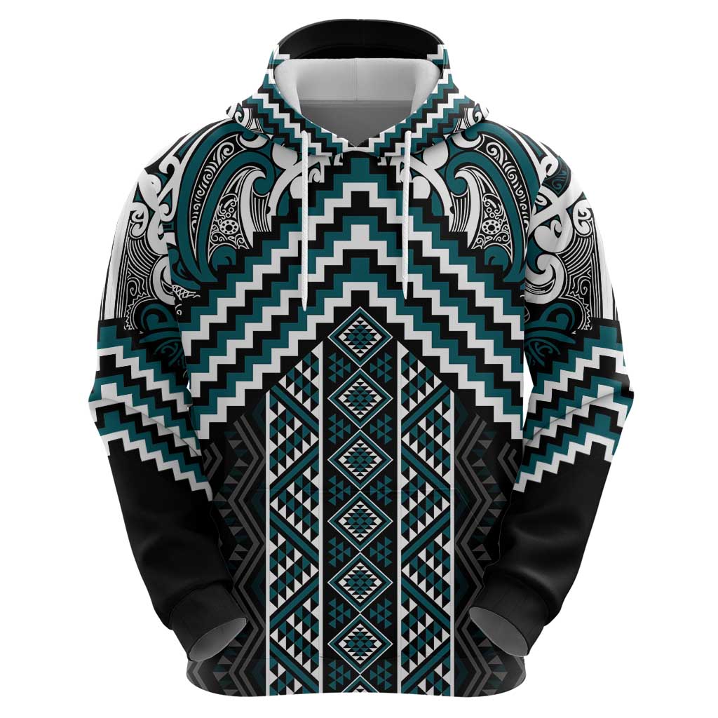 Maori Tukutuku Taniko Motifs Zip Hoodie Teal Poutama Mix Kowhaiwhai LT7 - Polynesian Pride