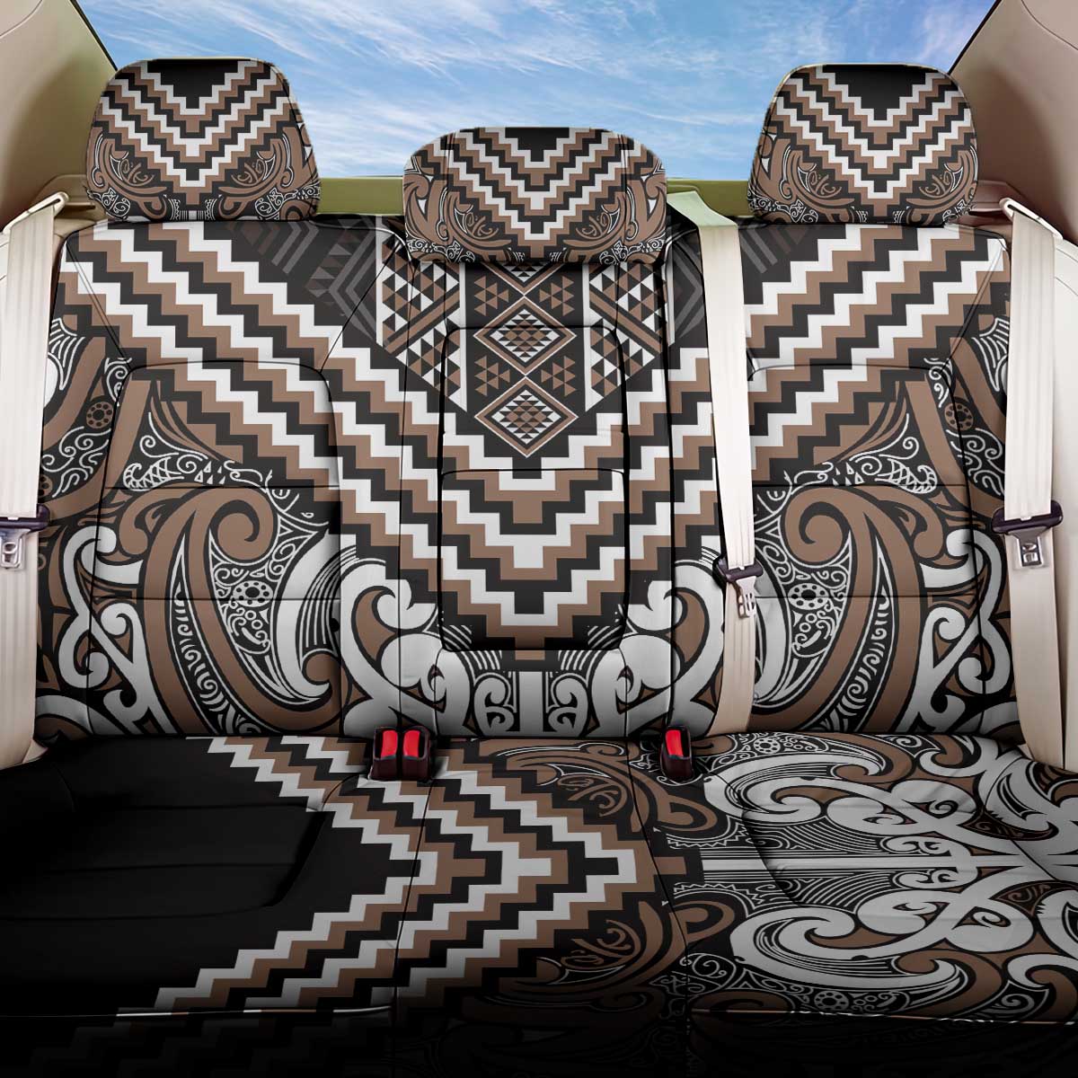 Maori Tukutuku Taniko Motifs Back Car Seat Cover Brown Poutama Mix Kowhaiwhai LT7 One Size Brown - Polynesian Pride