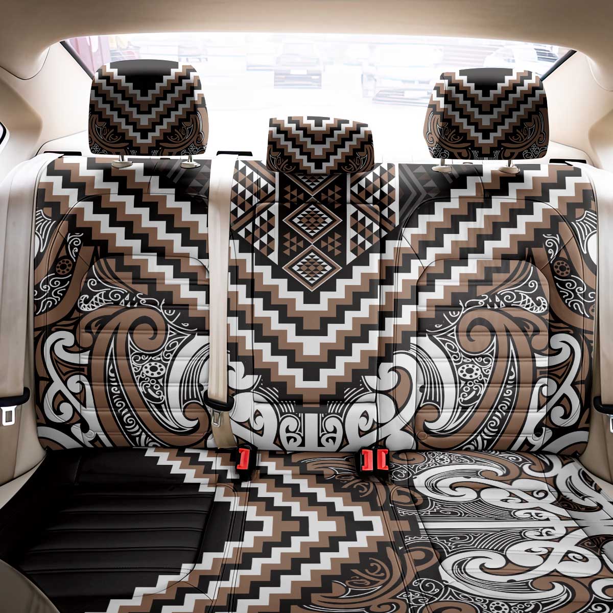Maori Tukutuku Taniko Motifs Back Car Seat Cover Brown Poutama Mix Kowhaiwhai LT7 - Polynesian Pride