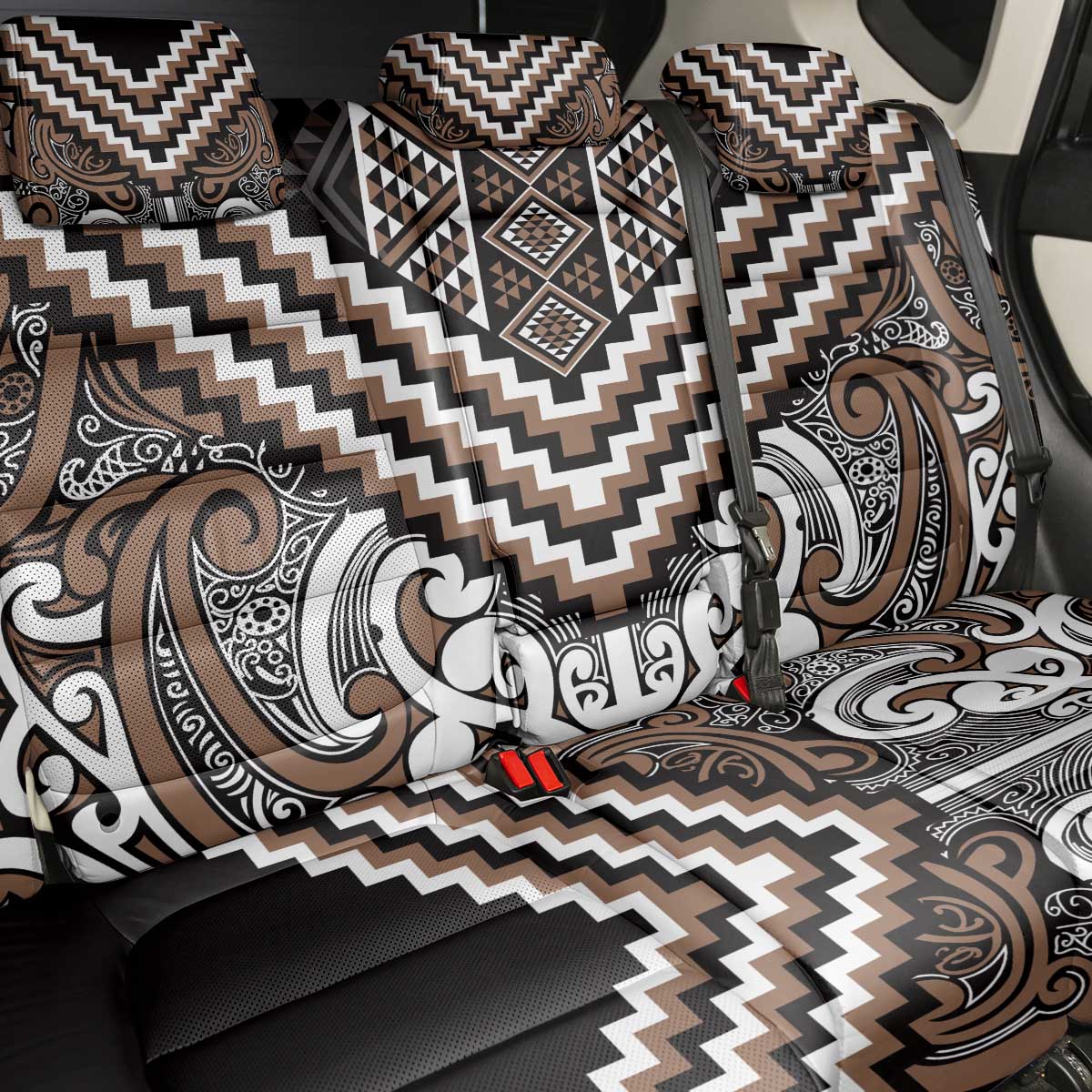 Maori Tukutuku Taniko Motifs Back Car Seat Cover Brown Poutama Mix Kowhaiwhai LT7 - Polynesian Pride