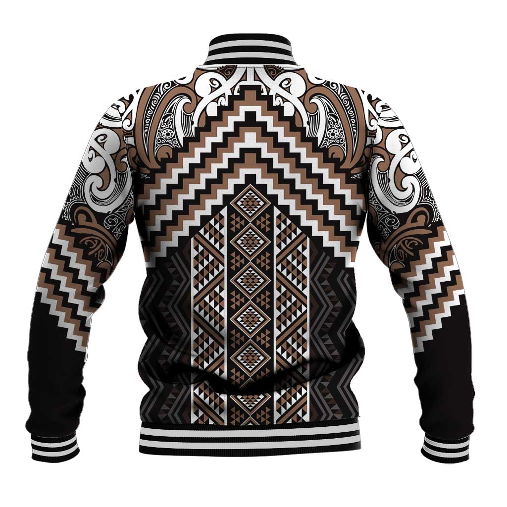 Maori Tukutuku Taniko Motifs Baseball Jacket Brown Poutama Mix Kowhaiwhai