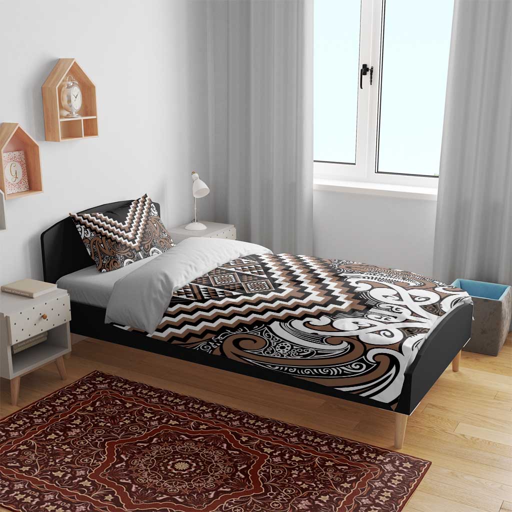Maori Tukutuku Taniko Motifs Bedding Set Brown Poutama Mix Kowhaiwhai