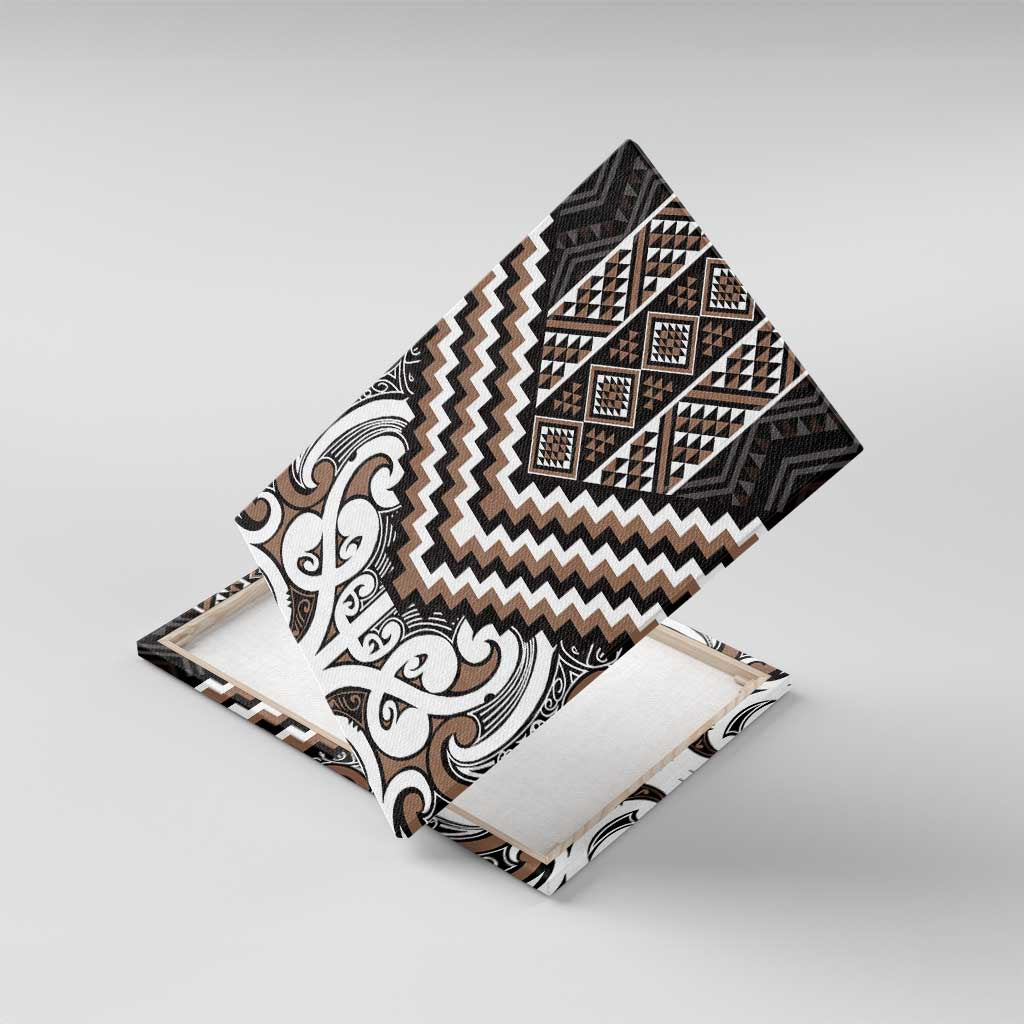 Maori Tukutuku Taniko Motifs Canvas Wall Art Brown Poutama Mix Kowhaiwhai LT7 With Frame Brown - Polynesian Pride