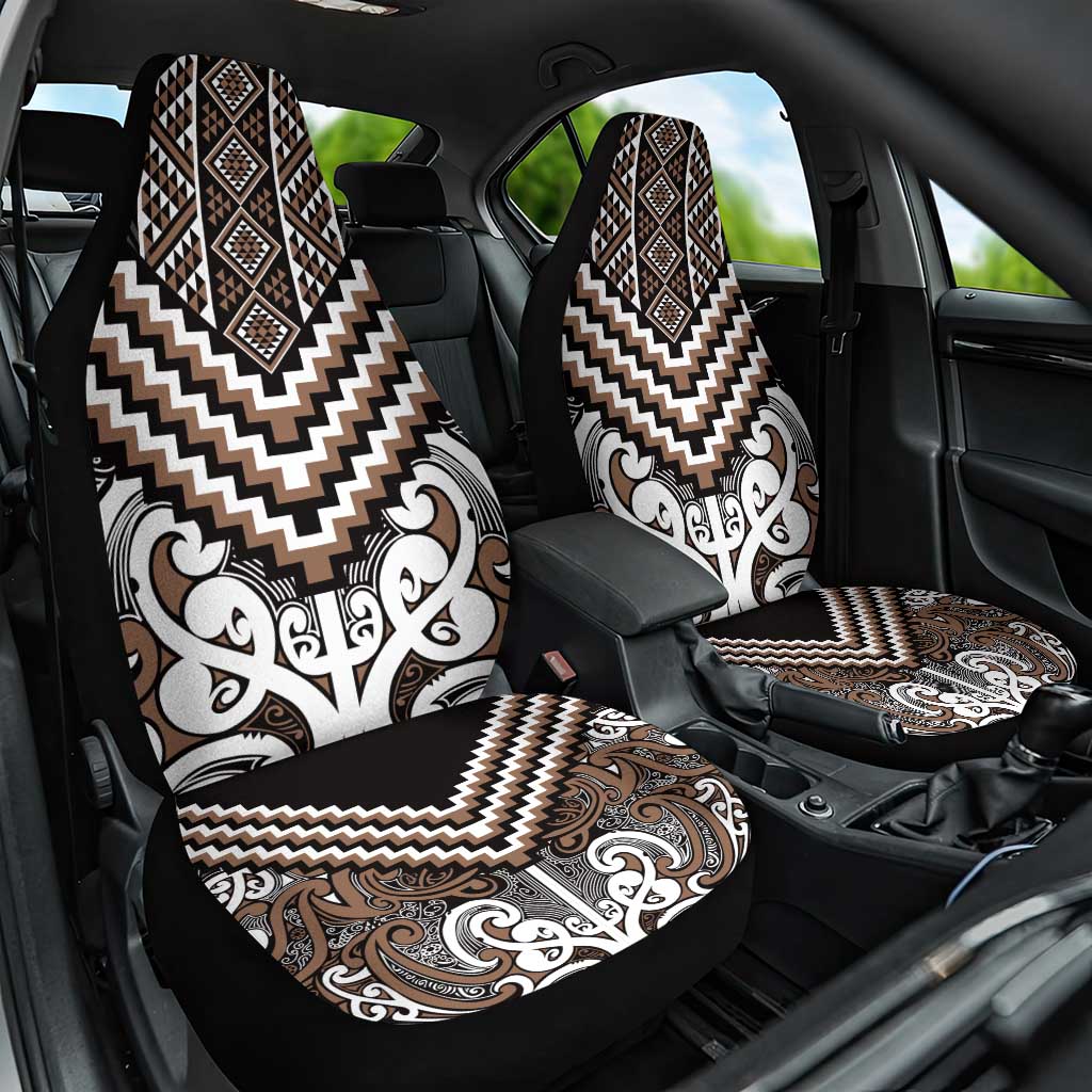 Maori Tukutuku Taniko Motifs Car Seat Cover Brown Poutama Mix Kowhaiwhai LT7 One Size Brown - Polynesian Pride