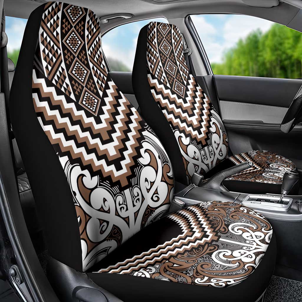 Maori Tukutuku Taniko Motifs Car Seat Cover Brown Poutama Mix Kowhaiwhai LT7 - Polynesian Pride