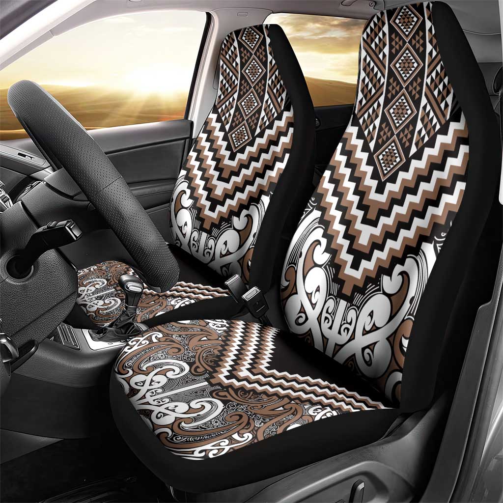 Maori Tukutuku Taniko Motifs Car Seat Cover Brown Poutama Mix Kowhaiwhai LT7 - Polynesian Pride