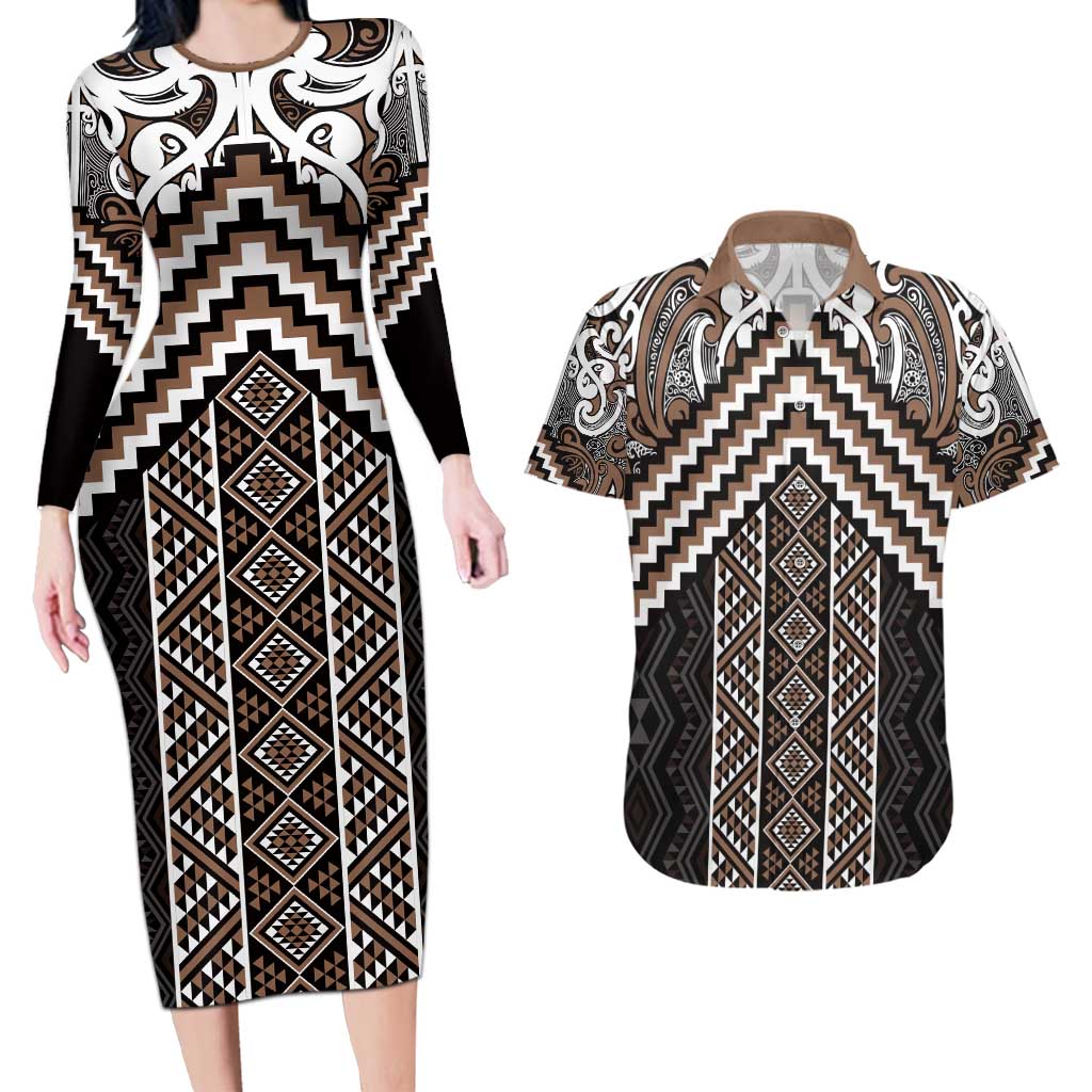 Maori Tukutuku Taniko Motifs Couples Matching Long Sleeve Bodycon Dress and Hawaiian Shirt Brown Poutama Mix Kowhaiwhai LT7 Brown - Polynesian Pride