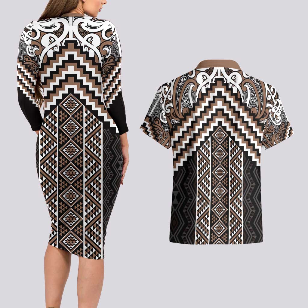 Maori Tukutuku Taniko Motifs Couples Matching Long Sleeve Bodycon Dress and Hawaiian Shirt Brown Poutama Mix Kowhaiwhai LT7 - Polynesian Pride