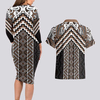 Maori Tukutuku Taniko Motifs Couples Matching Long Sleeve Bodycon Dress and Hawaiian Shirt Brown Poutama Mix Kowhaiwhai LT7 - Polynesian Pride