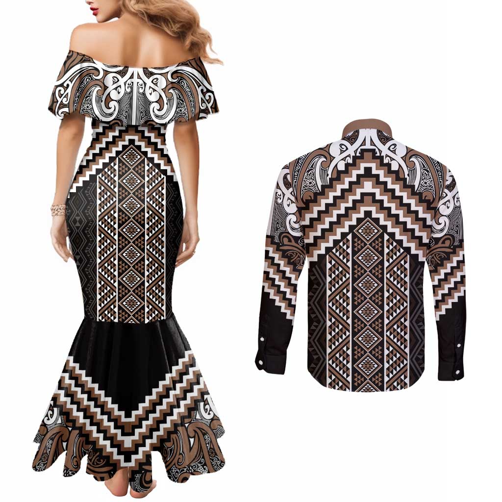 Maori Tukutuku Taniko Motifs Couples Matching Mermaid Dress and Long Sleeve Button Shirt Brown Poutama Mix Kowhaiwhai LT7 - Polynesian Pride