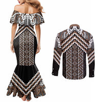 Maori Tukutuku Taniko Motifs Couples Matching Mermaid Dress and Long Sleeve Button Shirt Brown Poutama Mix Kowhaiwhai LT7 - Polynesian Pride