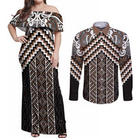 Maori Tukutuku Taniko Motifs Couples Matching Off Shoulder Maxi Dress and Long Sleeve Button Shirt Brown Poutama Mix Kowhaiwhai LT7 Brown - Polynesian Pride