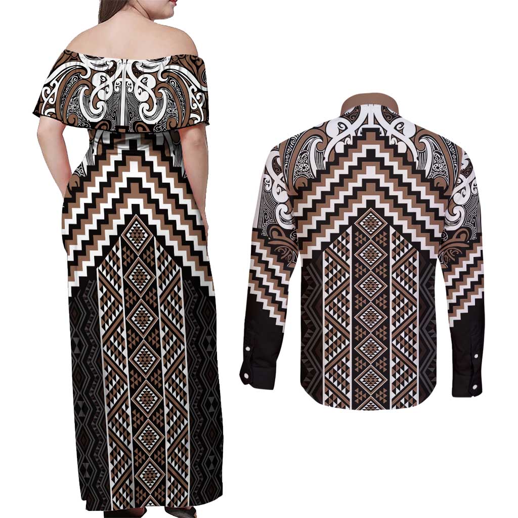 Maori Tukutuku Taniko Motifs Couples Matching Off Shoulder Maxi Dress and Long Sleeve Button Shirt Brown Poutama Mix Kowhaiwhai LT7 - Polynesian Pride