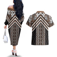 Maori Tukutuku Taniko Motifs Couples Matching Off The Shoulder Long Sleeve Dress and Hawaiian Shirt Brown Poutama Mix Kowhaiwhai LT7 - Polynesian Pride