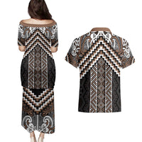 Maori Tukutuku Taniko Motifs Couples Matching Puletasi and Hawaiian Shirt Brown Poutama Mix Kowhaiwhai LT7 - Polynesian Pride