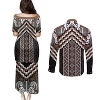 Maori Tukutuku Taniko Motifs Couples Matching Puletasi and Long Sleeve Button Shirt Brown Poutama Mix Kowhaiwhai LT7 - Polynesian Pride