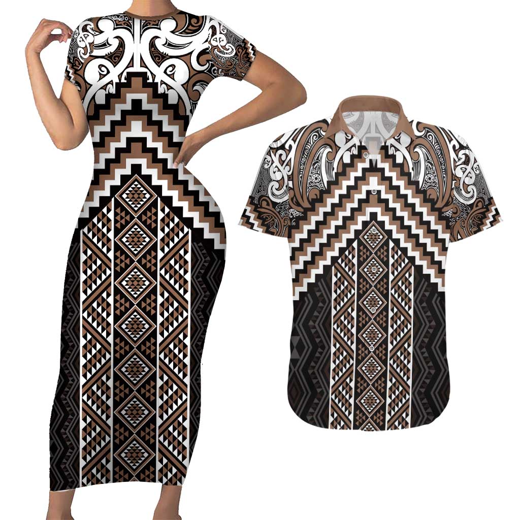 Maori Tukutuku Taniko Motifs Couples Matching Short Sleeve Bodycon Dress and Hawaiian Shirt Brown Poutama Mix Kowhaiwhai LT7 Brown - Polynesian Pride