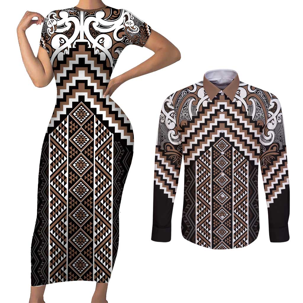 Maori Tukutuku Taniko Motifs Couples Matching Short Sleeve Bodycon Dress and Long Sleeve Button Shirt Brown Poutama Mix Kowhaiwhai LT7 Brown - Polynesian Pride