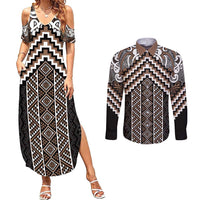 Maori Tukutuku Taniko Motifs Couples Matching Summer Maxi Dress and Long Sleeve Button Shirt Brown Poutama Mix Kowhaiwhai LT7 Brown - Polynesian Pride