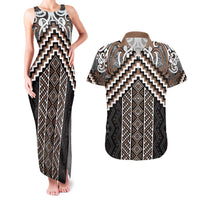 Maori Tukutuku Taniko Motifs Couples Matching Tank Maxi Dress and Hawaiian Shirt Brown Poutama Mix Kowhaiwhai LT7 Brown - Polynesian Pride