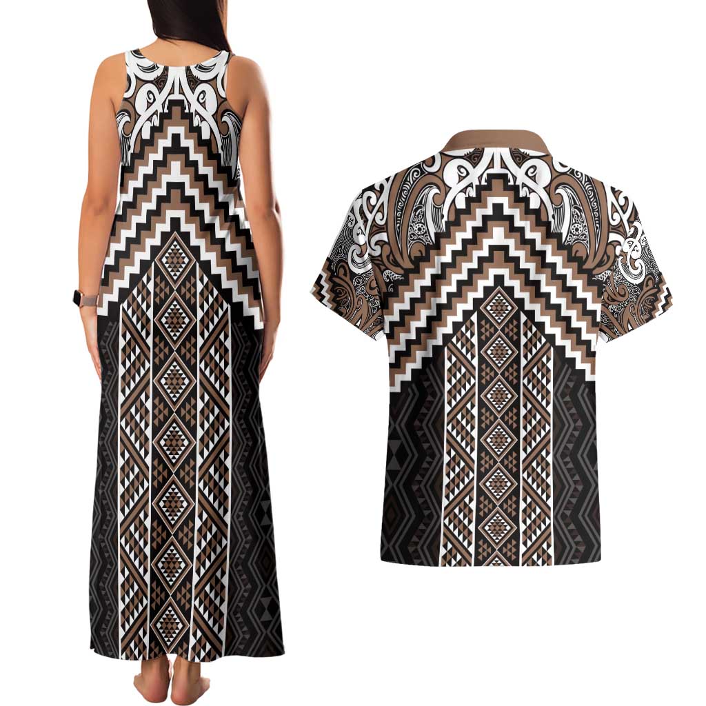 Maori Tukutuku Taniko Motifs Couples Matching Tank Maxi Dress and Hawaiian Shirt Brown Poutama Mix Kowhaiwhai LT7 - Polynesian Pride