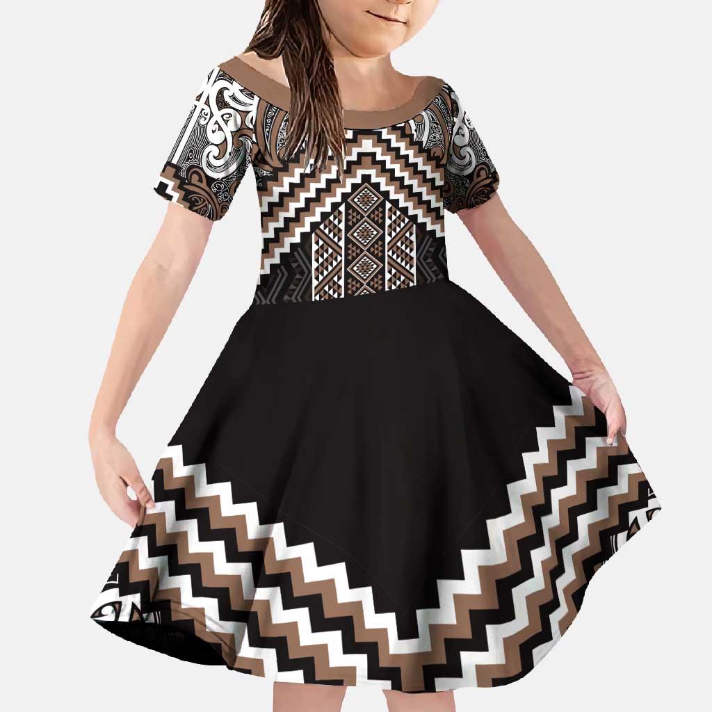 Maori Tukutuku Taniko Motifs Family Matching Long Sleeve Bodycon Dress and Hawaiian Shirt Brown Poutama Mix Kowhaiwhai LT7 Daughter's Dress Brown - Polynesian Pride