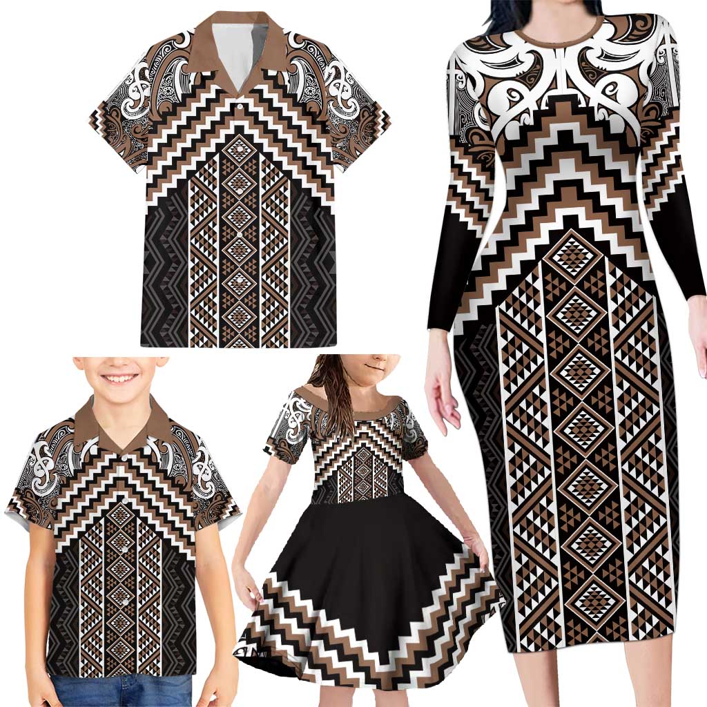 Maori Tukutuku Taniko Motifs Family Matching Long Sleeve Bodycon Dress and Hawaiian Shirt Brown Poutama Mix Kowhaiwhai LT7 - Polynesian Pride