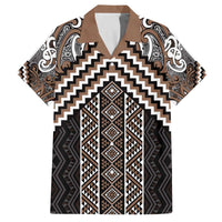 Maori Tukutuku Taniko Motifs Family Matching Off The Shoulder Long Sleeve Dress and Hawaiian Shirt Brown Poutama Mix Kowhaiwhai LT7 Dad's Shirt - Short Sleeve Brown - Polynesian Pride