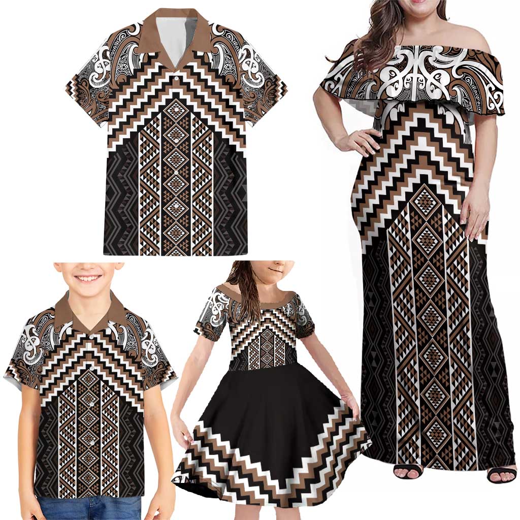 Maori Tukutuku Taniko Motifs Family Matching Off Shoulder Maxi Dress and Hawaiian Shirt Brown Poutama Mix Kowhaiwhai LT7 - Polynesian Pride