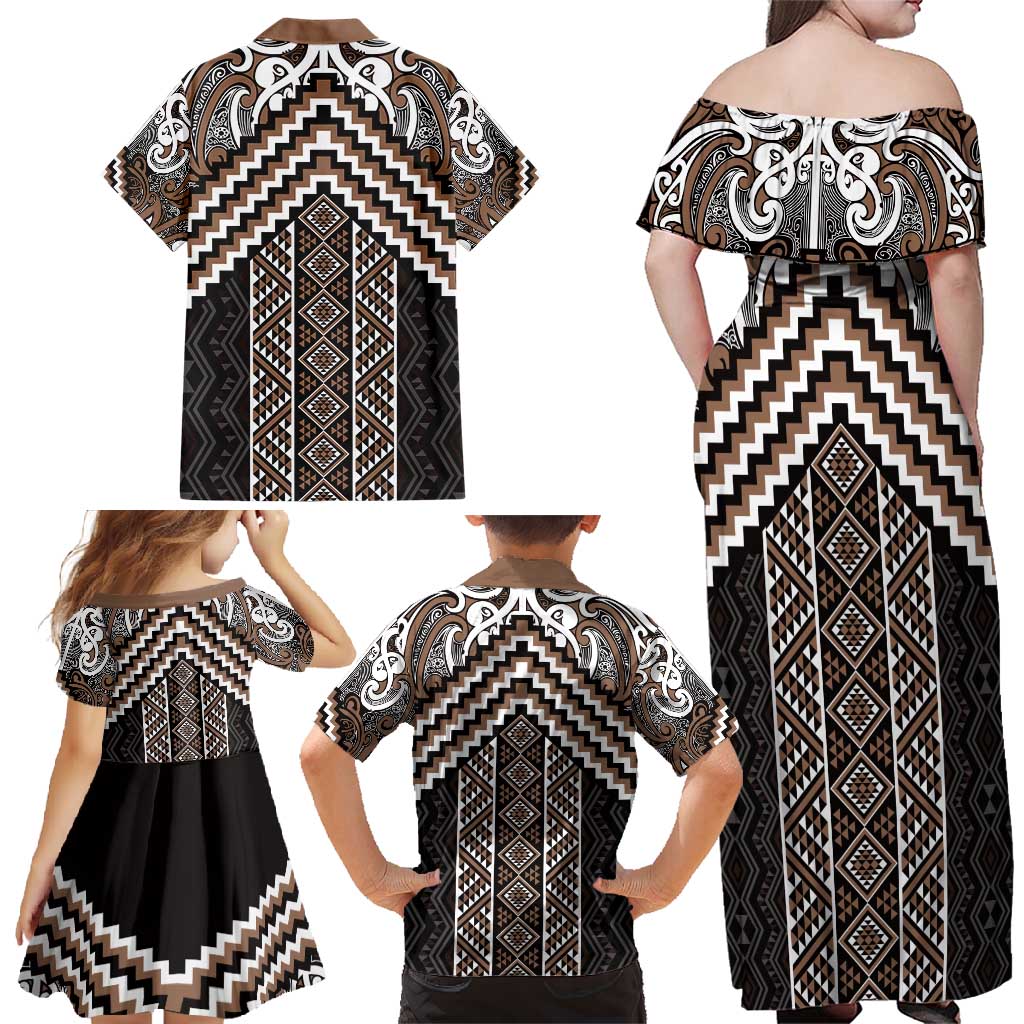 Maori Tukutuku Taniko Motifs Family Matching Off Shoulder Maxi Dress and Hawaiian Shirt Brown Poutama Mix Kowhaiwhai LT7 - Polynesian Pride