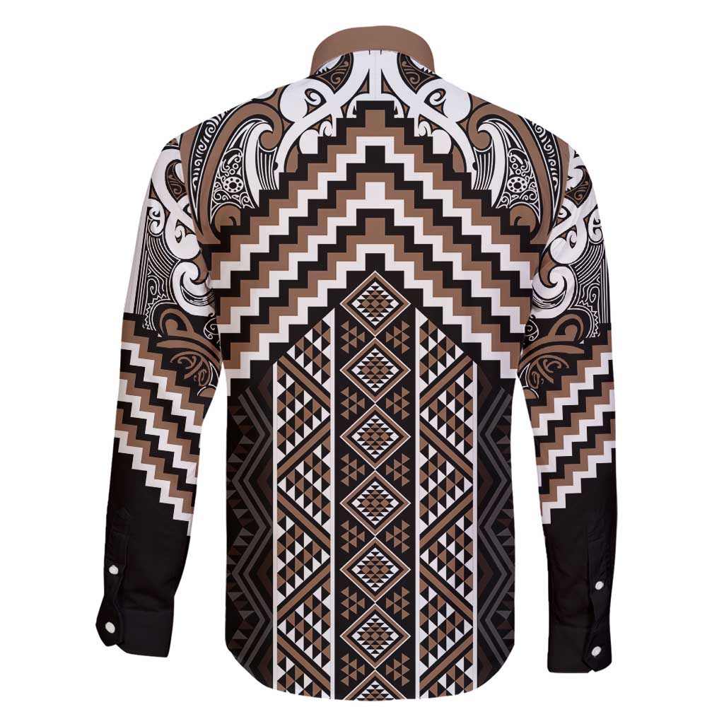 Maori Tukutuku Taniko Motifs Family Matching Off Shoulder Maxi Dress and Hawaiian Shirt Brown Poutama Mix Kowhaiwhai LT7 - Polynesian Pride