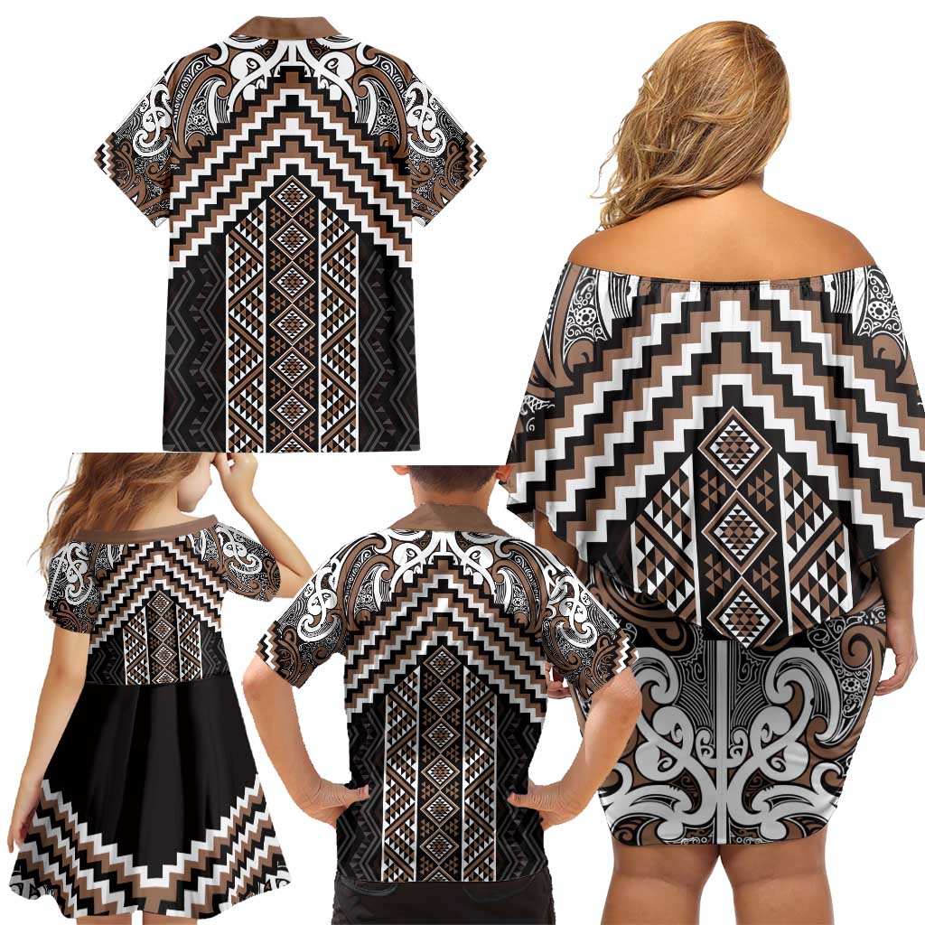 Maori Tukutuku Taniko Motifs Family Matching Off Shoulder Short Dress and Hawaiian Shirt Brown Poutama Mix Kowhaiwhai LT7 - Polynesian Pride