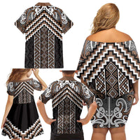 Maori Tukutuku Taniko Motifs Family Matching Off Shoulder Short Dress and Hawaiian Shirt Brown Poutama Mix Kowhaiwhai LT7 - Polynesian Pride