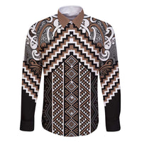 Maori Tukutuku Taniko Motifs Family Matching Off Shoulder Short Dress and Hawaiian Shirt Brown Poutama Mix Kowhaiwhai LT7 Dad's Shirt - Long Sleeve Brown - Polynesian Pride