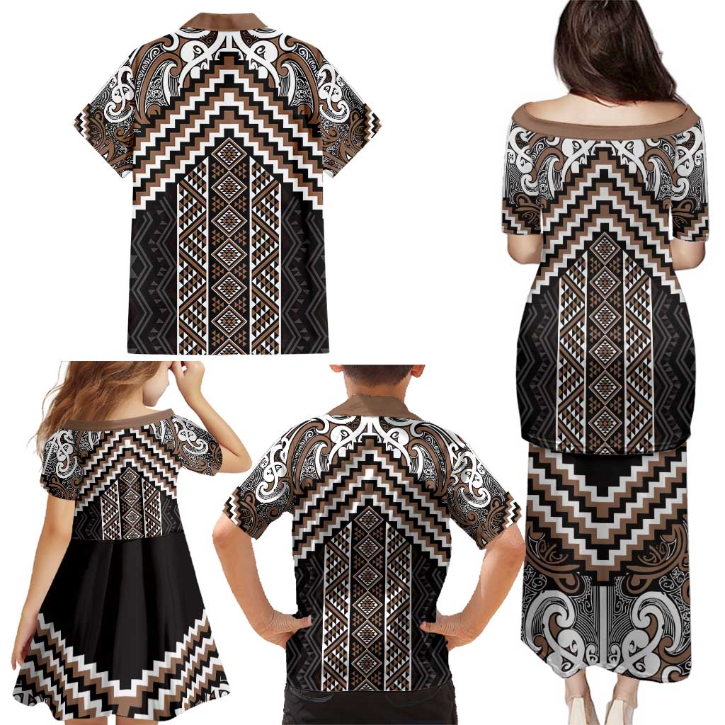 Maori Tukutuku Taniko Motifs Family Matching Puletasi and Hawaiian Shirt Brown Poutama Mix Kowhaiwhai LT7 - Polynesian Pride