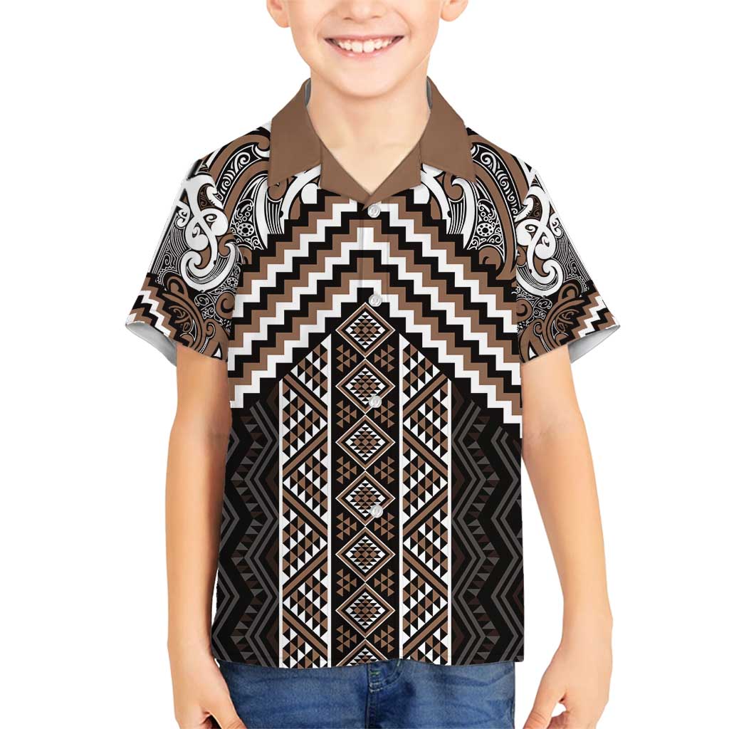 Maori Tukutuku Taniko Motifs Family Matching Puletasi and Hawaiian Shirt Brown Poutama Mix Kowhaiwhai LT7 Son's Shirt Brown - Polynesian Pride