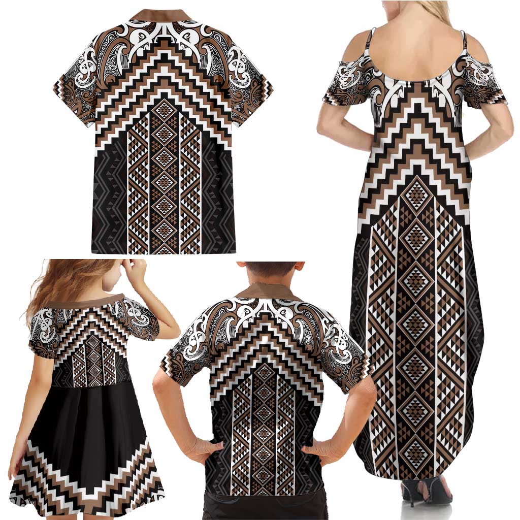 Maori Tukutuku Taniko Motifs Family Matching Summer Maxi Dress and Hawaiian Shirt Brown Poutama Mix Kowhaiwhai LT7 - Polynesian Pride