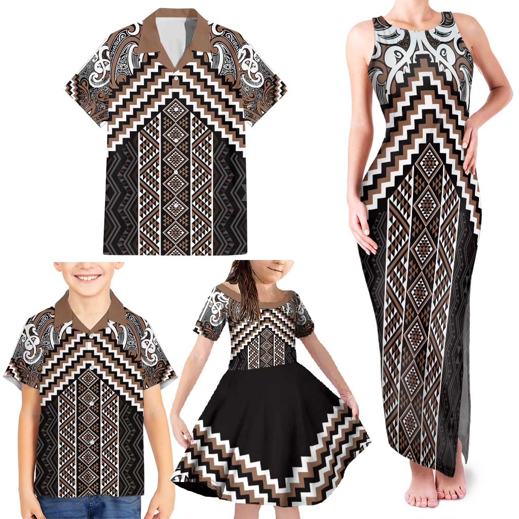Maori Tukutuku Taniko Motifs Family Matching Tank Maxi Dress and Hawaiian Shirt Brown Poutama Mix Kowhaiwhai LT7 - Polynesian Pride