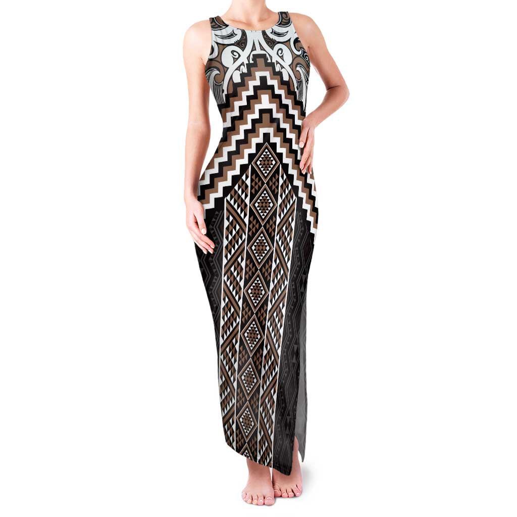Maori Tukutuku Taniko Motifs Family Matching Tank Maxi Dress and Hawaiian Shirt Brown Poutama Mix Kowhaiwhai LT7 Mom's Dress Brown - Polynesian Pride