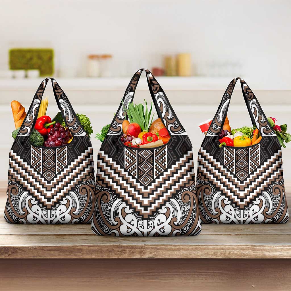 Maori Tukutuku Taniko Motifs Grocery Bag Brown Poutama Mix Kowhaiwhai LT7 3-pack One Size Brown - Polynesian Pride