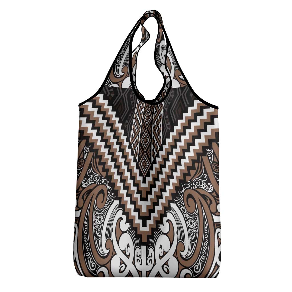 Maori Tukutuku Taniko Motifs Grocery Bag Brown Poutama Mix Kowhaiwhai LT7 - Polynesian Pride