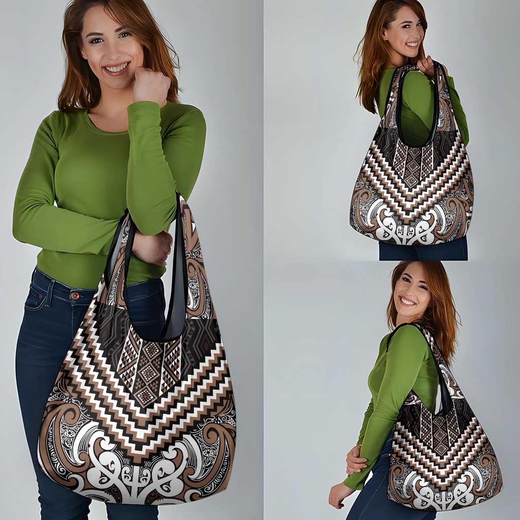 Maori Tukutuku Taniko Motifs Grocery Bag Brown Poutama Mix Kowhaiwhai LT7 - Polynesian Pride