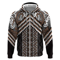Maori Tukutuku Taniko Motifs Hoodie Brown Poutama Mix Kowhaiwhai LT7 Zip Hoodie Brown - Polynesian Pride