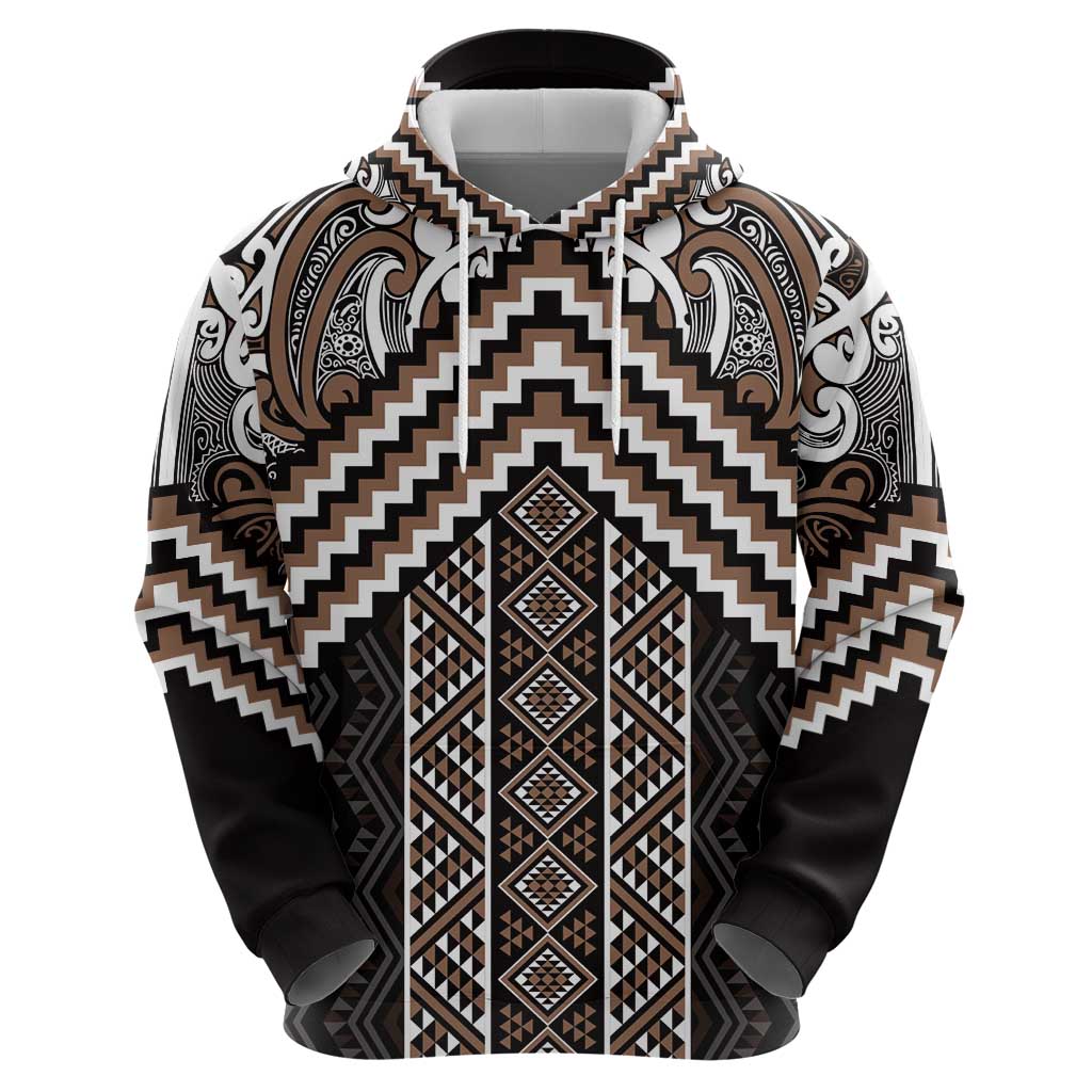 Maori Tukutuku Taniko Motifs Hoodie Brown Poutama Mix Kowhaiwhai LT7 - Polynesian Pride