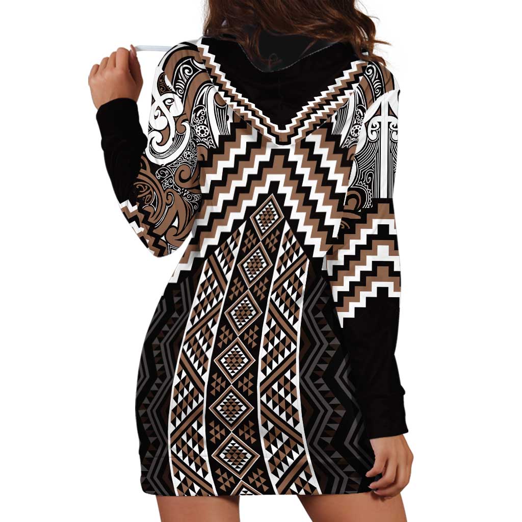Maori Tukutuku Taniko Motifs Hoodie Dress Brown Poutama Mix Kowhaiwhai LT7 - Polynesian Pride
